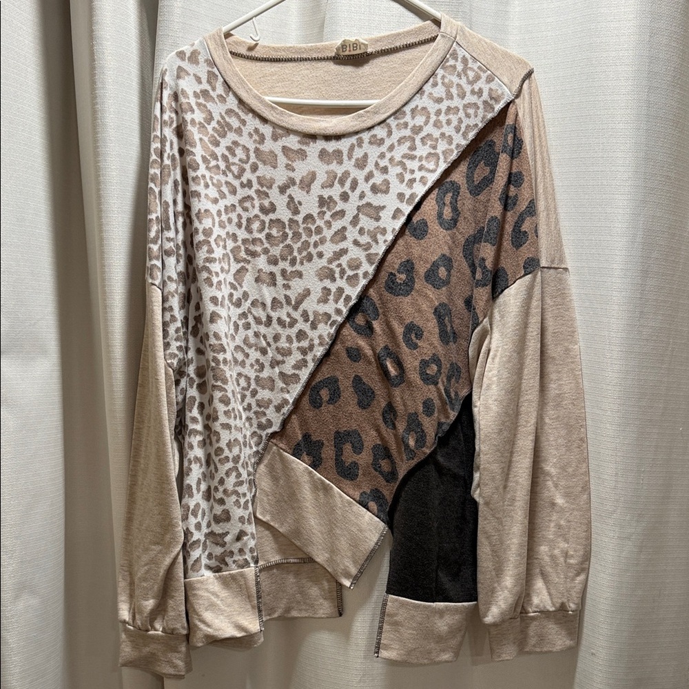 BiBi Mixed Leopard Patchwork Tunic in Beige, Brown, Black